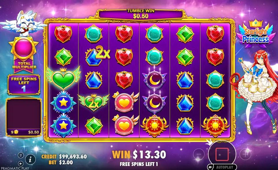 قلوب المضاعف في Starlight Princess تعرض 2x أثناء اللفات المجانية بجانب عداد المضاعف الإجمالي