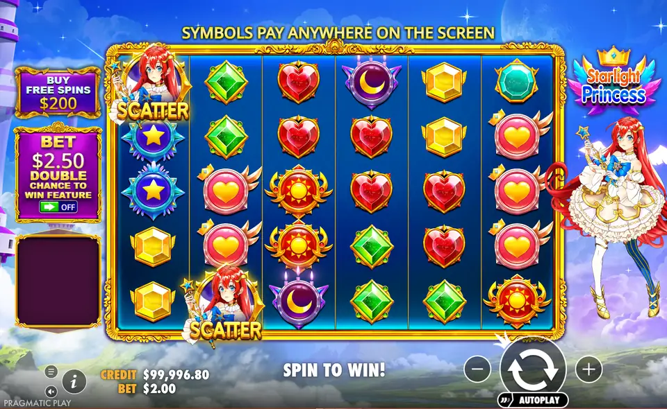 اللعبة الأساسية في سلوت Starlight Princess مع رمزي Scatter على شبكة 6x5