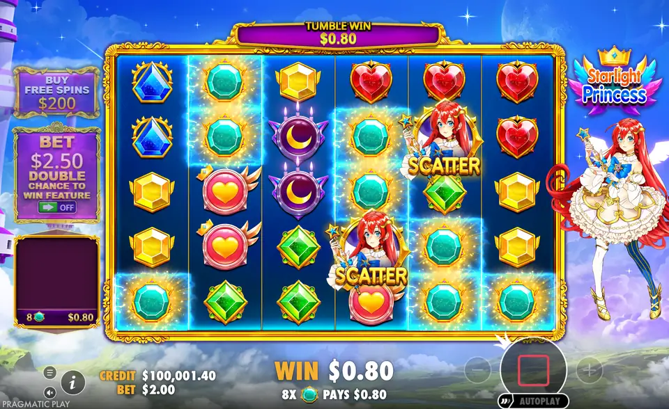 ميزة التساقط في Starlight Princess تدفع مقابل ثماني جواهر فيروزية في اللعبة الأساسية